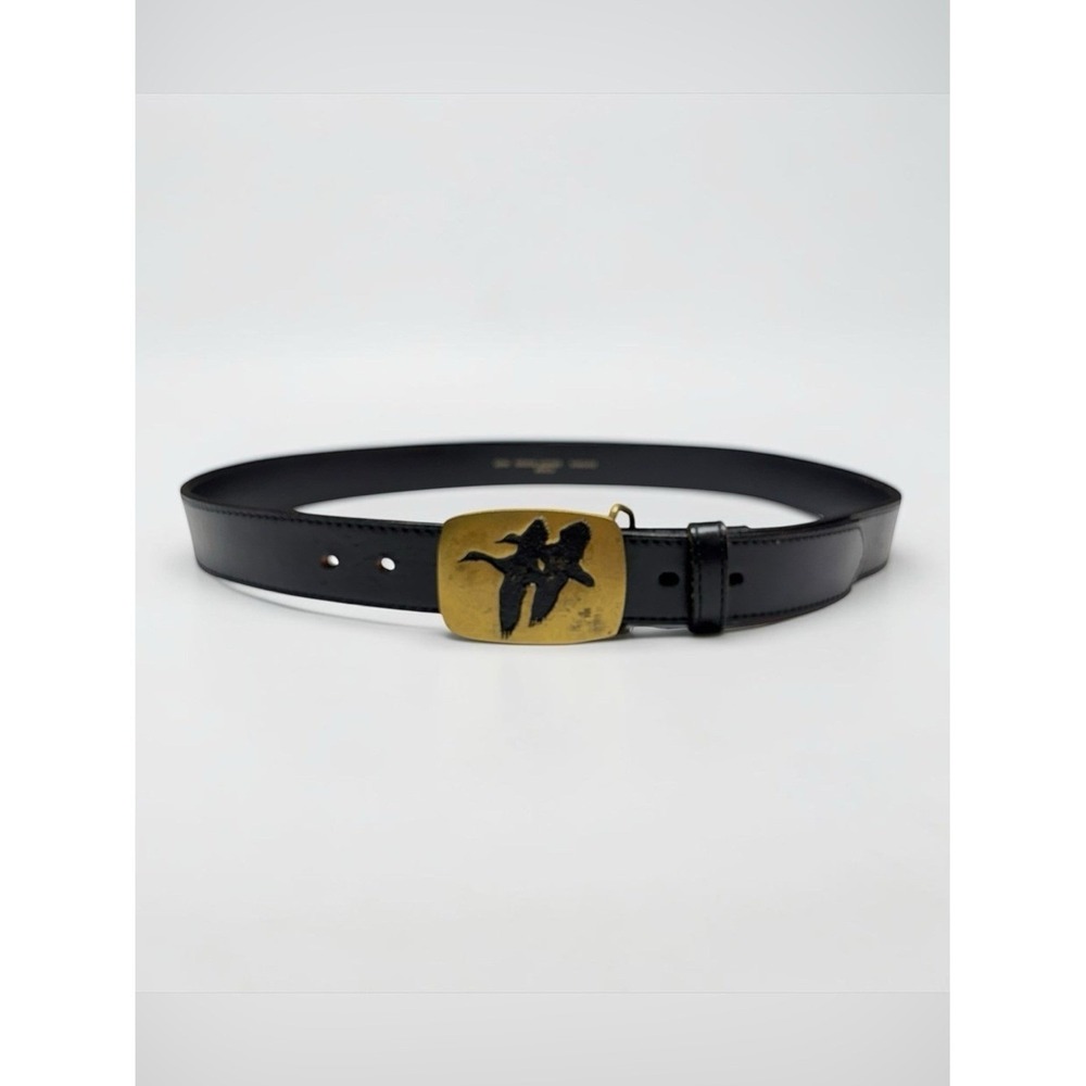 Vintage 70s BTS  Mens Solid Brass Leather Belt Ducks Black Size 42